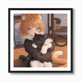 Kawaii Girl With Cat Art Print