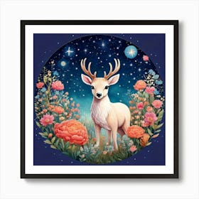 Firefly Charming, Cute, Reindeer, Baby, Winter, Meadow, Starry, Night, Round, Background, Peonies, S (2) Art Print