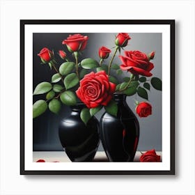 Red Roses In Black Vases Art Print