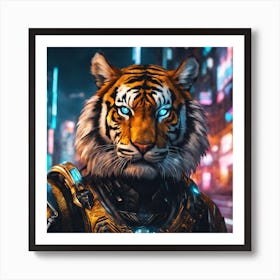 A highly detailed digital painting of a tiger wearing full body armor in a cyberpunk style. Art Print