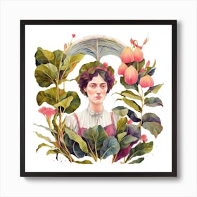 Artistic Representation of a Woman with Umbrella in a Garden Art Print