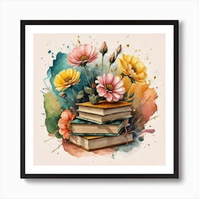 Best books and flowers on watercolor background 6 Art Print