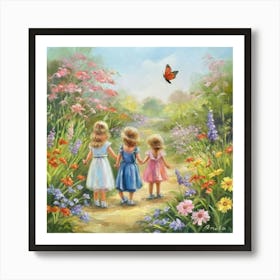 Three Little Girls In The Garden Art Print