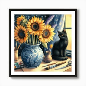 Sunflowers watercolor pestel painting Vase With Three Sunflowers With A Black Cat, Van Gogh Inspired Art Print 1 Art Print