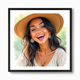 Spanish Woman With A Joyful Expression, Watercolor With Bright Highlights 1 Art Print