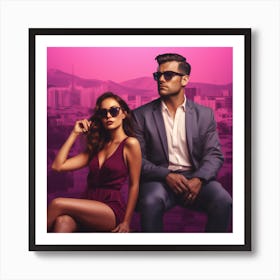 Man And Woman In Sunglasses. Hollywood Ultrarealistic Urban Love: A Magenta and Green Symphony. Art Print