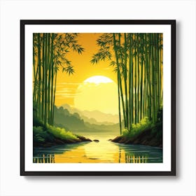 A Stream In A Bamboo Forest At Sun Rise Square Composition 136 Art Print