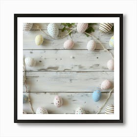 Easter Themed Wooden Table From Above Featuring Art Print