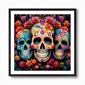 Maraclemente Many Sugar Skulls Colorful Flowers Vibrant Colors 10 Art Print