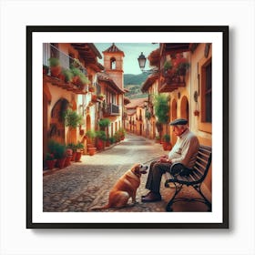 Old Man And Dog In Old Town Art Print