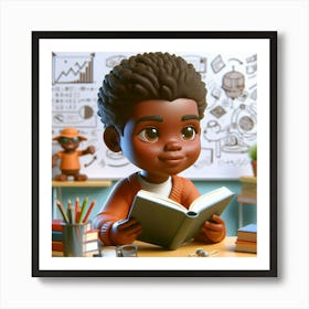 African American 6 years reading book 3D ART Art Print