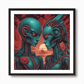 Alien Couple Painted To Mimic Humans, In The Style Of Surrealistic Elements, Folk Art Inspired Illu (4) Art Print