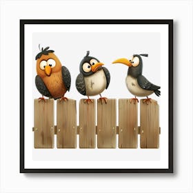 Cartoon Birds On Wooden Fence Art Print