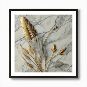 Gold Feathers On Marble Art Print