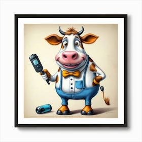 Cartoon Cow Holding A Cell Phone Art Print