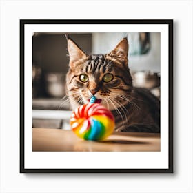 Cat eats a lollipop Art Print