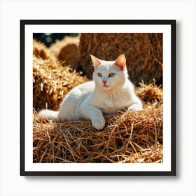 White Cat On Hay 1 Art Print