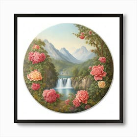 Waterfall With Roses Art Print