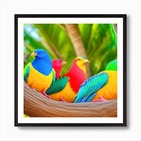Colorful Parrots On A Branch Art Print
