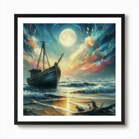 Discover the Mystique: Forgotten Fishing Boat in Moonlit Waves - Greg Rutkowski's Masterpiece in Oil Painting with Bold Strokes and Intricate Details. Poster