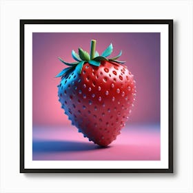 A Stylized Strawberry With A Vibrant Red Hue, Illuminated With Blue And Pink Lighting, Floating Against A Blurred Pink Background Art Print