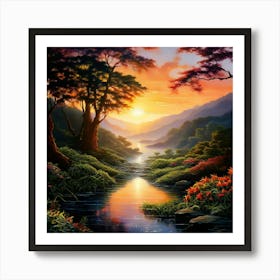 Watercolor Landscape Sunrise To The Lush Tranquility Art Print