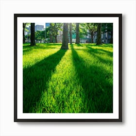 Bright Green Grass Under A Radiant Sun Swathed In Tokyo City Stands Out Against The Contrasting Sh (4) Art Print