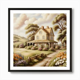 Blooming Flower Paradise Charming House In A Field Art Print