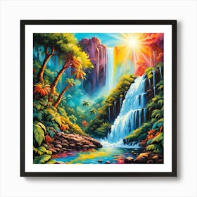 Sunlight Illuminating The Waterfall In Paradise Art Print