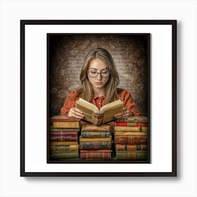 An evocative and vintage-style portrait of a book lover immersed in reading, surrounded by a collection of well-worn books. This nostalgic and intellectual portrait can appeal to those who appreciate literature and create a cozy reading nook ambiance for home decor. Art Print