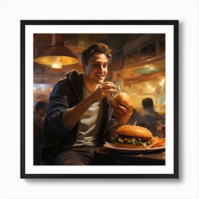American diner Man eating burger Art Print