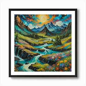 Sunlit Peaks: Verdant Valleys and Cascading Rivers Amidst Floral Wonders. Wall art. Art Print