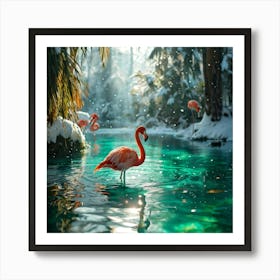 Plush Green Flamingo Swimming In A Transparent Glass Lake Sunlight Filtering Through Snow That Is 1 Art Print