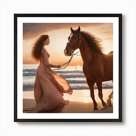 Beautiful Woman And Horse On The Beach Art Print