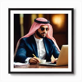 Arab Businessman Working On Laptop Art Print