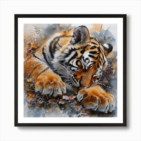 Tiger In Flowers Blue White  Art Print