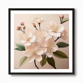 Firefly Soft Cherry Blossoms With Minimal Black Outlines On A Beige Background, With Subtle Leaves I (2) Art Print