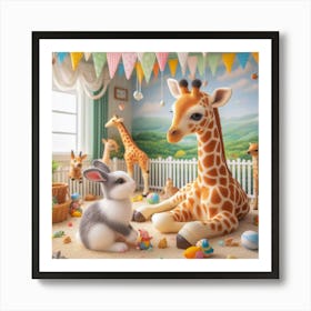 Bunnies And Giraffe Affiche