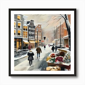 Paris cafes, winter season, Christmas, pale colors, pedestrians in the street, winter clothes, falling snow.4 1 Art Print