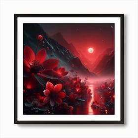Red Flowers In The Water Art Print