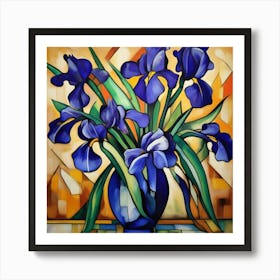 Cubism Art, Irises flowers in a vase Art Print