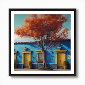 Blue House With Yellow Tree 1 Art Print