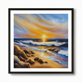 The sea. Beach waves. Beach sand and rocks. Sunset over the sea. Oil on canvas artwork.32 Art Print