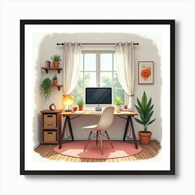 Cozy Home Office In Watercolor, With A Desk, Computer, And Personal Touches 1 Art Print