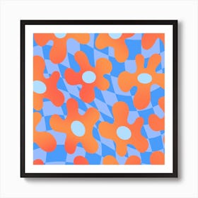 Flowers Orange Blue Checker Square Art Print