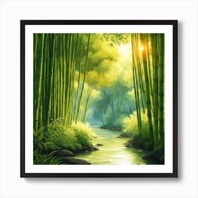 A Stream In A Bamboo Forest At Sun Rise Square Composition 135 Art Print