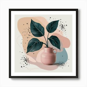 A stunning painting of a plant with dark green leaves, artistically placed in a pink ceramic vase. 1 Art Print