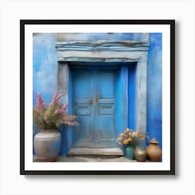 Blue wall. An old-style door in the middle, silver in color. There is a large pottery jar next to the door. There are flowers in the jar Spring oil colors. Wall painting.12 Art Print