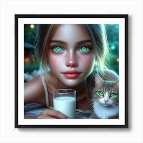 Little Girl With Cat And Glass Of Milk Art Print