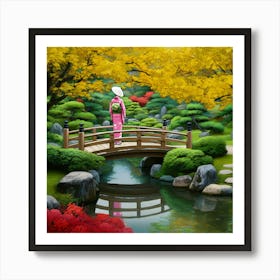 A Beautifully Detailed Illustration Of A Japanese Garden, Showcasing Lush Greenery, Tranquil Water Features, And Elegant Pathways Art Print